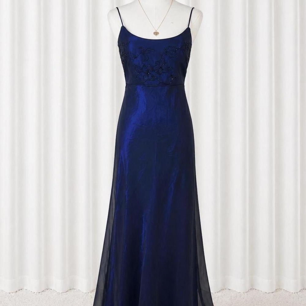 vintage y2k navy sheer maxi dress blue layered lining fairy formal